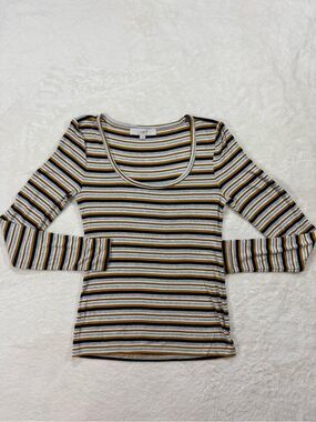 LOFT Striped Scoop Neck Long Sleeve Top Small Mustard Black Gray